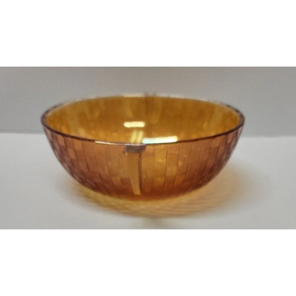Iridescent checkered patterned depression glass bowl w 2 handles